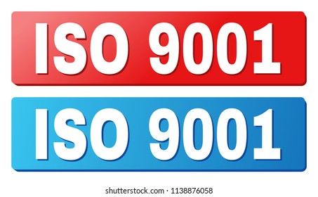ISO 9001 text on rounded rectangle buttons. Designed with white title with shadow and blue and red button colors.