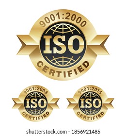 Sello de oro ISO 9001 año 2000, 2008 y 2015 - certificación y conformidad con las normas internacionales - medalla de oro con emblema de garantía del sistema internacional de gestión de calidad