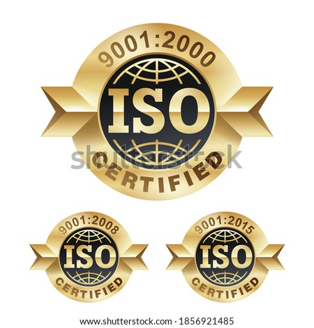 ISO 9001 year 2000, 2008 and 2015 gold stamp - certification and conformity to international standards  - golden medal award with international quality management system guarantee emblem