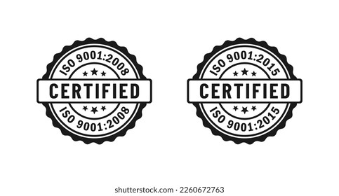 ISO 9001:2015 label or ISO 9001:2008 stamp vector on white background. ISO 9001:2015 Seal vector. The International Organization for Standardization. Best certified ISO 9001:2008.