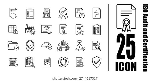 ISO Audit and Certification icon set ISO audit and certification black and white vector line icons for quality management and compliance