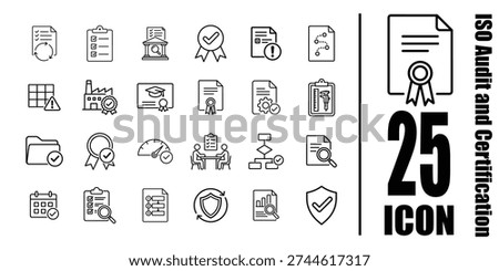 ISO Audit and Certification icon set ISO audit and certification black and white vector line icons for quality management and compliance