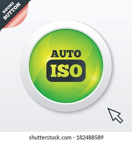 ISO Auto photo camera sign icon. Settings symbol. Green shiny button. Modern UI website button with mouse cursor pointer. Vector