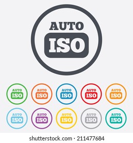 ISO Auto photo camera sign icon. Settings symbol. Round circle buttons with frame. Vector