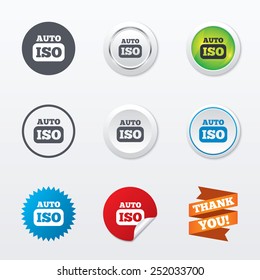 ISO Auto photo camera sign icon. Settings symbol. Circle concept buttons. Metal edging. Star and label sticker. Vector