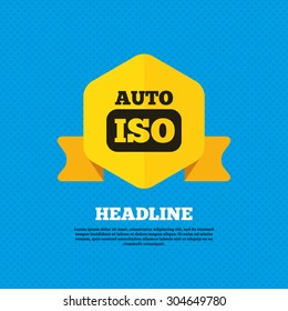 ISO Auto photo camera sign icon. Settings symbol. Yellow label tag. Circles seamless pattern on back. Vector