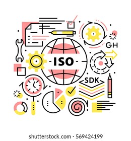 ISO business standards collage concept. Biz management, development and growth methods. Modern thin line art icons background. Linear style illustrations isolated on white.