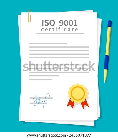 ISO certificate, 9001 document with a gold seal, signature and pen. Vector certificate is clipped to other papers, symbolizing professionalism and high standards in business quality management control