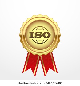 ISO certificate golden label, vector illustration, isolated on white
