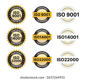 ISO Certification Badge Set – ISO 9001, ISO 14001, ISO 22000 Certified Stamps and Labels, Vector Line Style Icons
