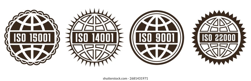 Etiquetas de design vetorial de crachá de certificação ISO e adesivos padrão global
