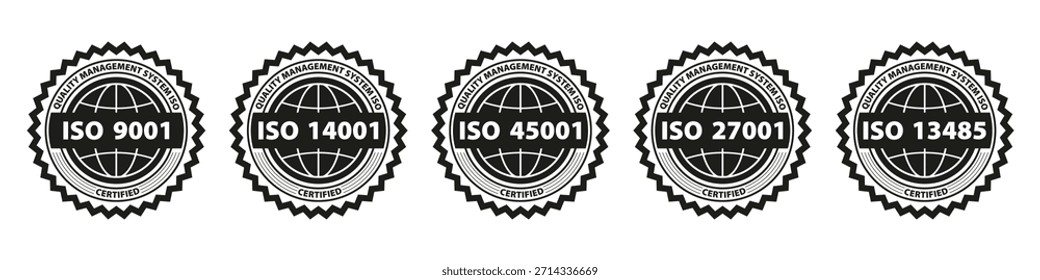 ISO-Zertifizierungs-Badges mit offizieller Siegeloptik. Fette Rundembleme unterstreichen Qualitäts- und Compliance-Standards