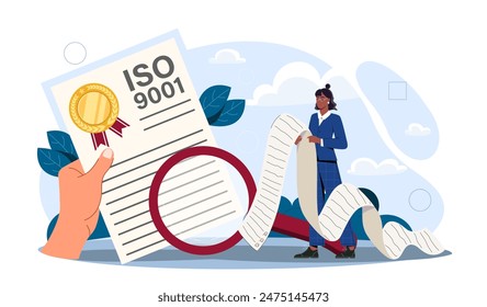 Concepto de certificación ISO. Mujer inspector en traje con lupa y documento. Análisis de empresa y producto, aseguramiento de calidad. Ilustración vectorial plana de dibujos animados aislada sobre fondo blanco