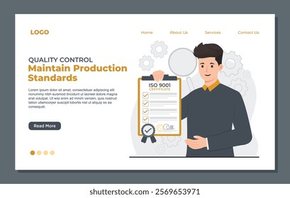 Iso certification Landing page template for quality control and ISO 9001 certification, designed