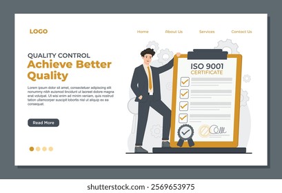 Iso certification Landing page template for quality control and ISO 9001 certification, designed