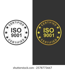 Iso certification stamp or label in black and gold color isolated on white and dark background