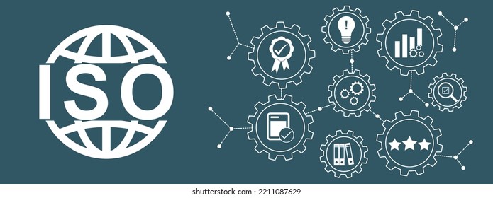 ISO Certification Standard Quality Control Concept. Concept of gear mechanism and gear wheel. ISO working concept with dark background.