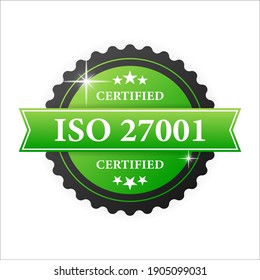 ISO certified 27001 green rubber stamp with green rubber on white background. Realistic object. Vector illustration.