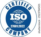 ISO Certified Company, Certificate ISO 27001-2022 Blue, IT Certificate, Cybersecurity and information security Certified, ISO 27001-2022 Cybersecurity and information security