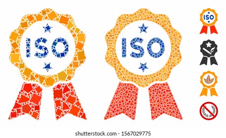 ISO certified composition of tuberous pieces in different sizes and color tinges, based on ISO certified icon. Vector irregular parts are grouped into collage.