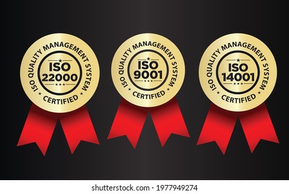 ISO certified, quality management system vector illustration set, premium golden badge 