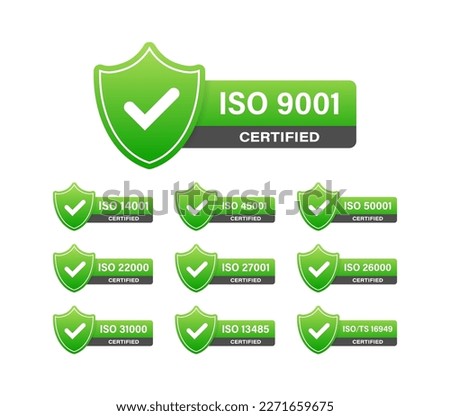 ISO certified set stamp and labels. Quality management system certified