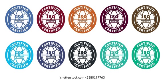 ISO certified - set of vector labels. The International Organization for Standardization signs.