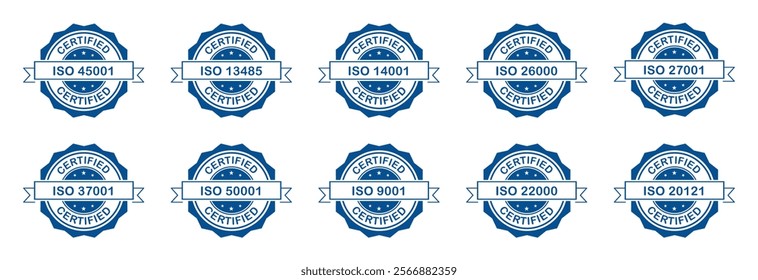 ISO certified stamp for company vector set in blue color on white background. Set of International Organization for Standardization stamp:-45001,13485,140001,26000,27001,37001,50001,90001,22000, 20121