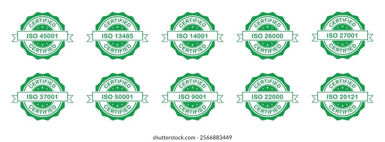 ISO certified stamp set for company   in green color on white background. Set of International Organization for Standardization stamp:-45001,13485,140001,26000,27001,37001,50001,90001,22000, 20121.