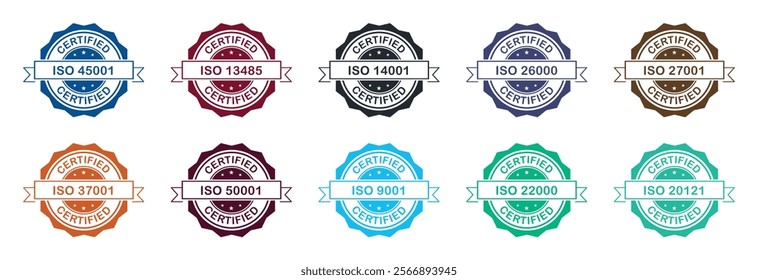 ISO certified stamp set for company   in colorful style on white background. Set of International Organization for Standardization stamp:-45001,13485,140001,26000,27001,37001,50001,90001,22000, 20121.