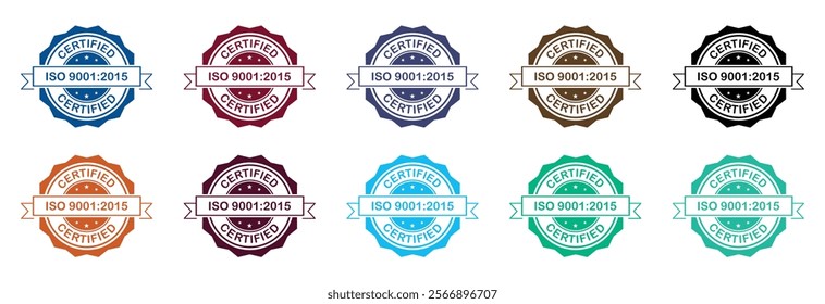 ISO certified stamp set for company   in colorful style on white background. International Organization for Standardization stamp 9001:2015. New iso certification for product quality and management.