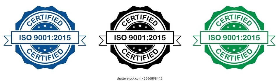 ISO certified stamp set for company   in colorful style on white background. International Organization for Standardization stamp 9001:2015. New iso certification for product quality and management.