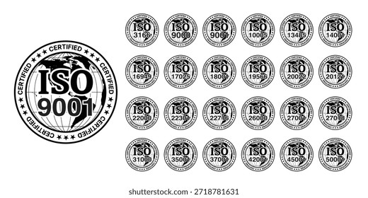 VECTOR certificado del sistema del sello del ISO. Colección internacional de insignias de certificación ISO (ISO 9001, 14001, 27001, 22000, 42001, 45001 y más) Sellos de Aprobación de gestión de calidad y certificación de cumplimiento.