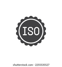 ISO, certified stamp vector icon. filled flat sign for mobile concept and web design. International organization for standardization glyph icon. Symbol, logo illustration. Vector graphics