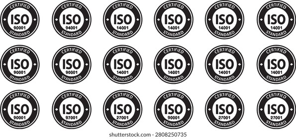Iso Certified Standard Badge Set with 9001 14001 27001 94001 Circular Black and White Vector Icons Featuring Seal, Emblem, Logo