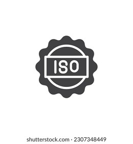 Icono de vector certificado ISO. signo plano relleno para concepto móvil y diseño web. Icono de glifo de etiqueta ISO. Símbolo, ilustración del logotipo. Gráficos vectoriales