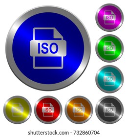 ISO file format icons on round luminous coin-like color steel buttons