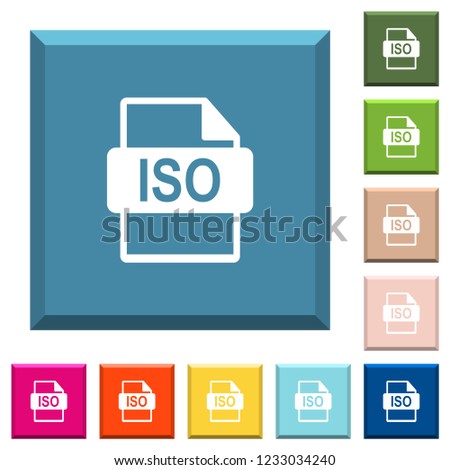 ISO file format white icons on edged square buttons in various trendy colors