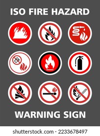 ISO Fire warning sign hazard set collection 