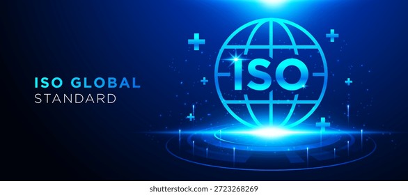ISO global standard vector illustration with digital globe and blue technology concept.
Modern design for international certification and quality management. banner, presentation