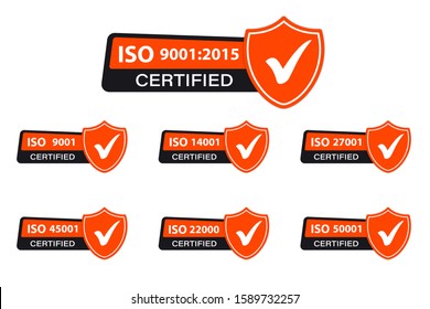 ISO icon. Certified ISO symbol stamps set. Original Certified Official ISO design collection. Certified badge, icon. Certification stamp, Certified badge