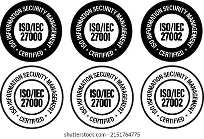 ISO Information Security Management System Certified Vector Icon Set: ISO IEC 27000, ISO IEC 27001, ISO IEC 27002