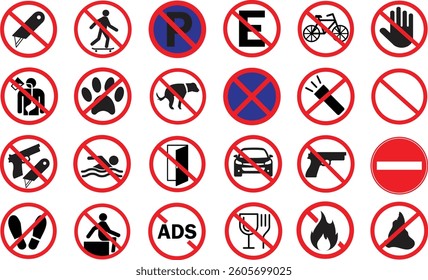 ISO Prohibited Action sign set collection. 24 ban signs, black circles