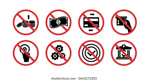 ISO Prohibition Sign, various financial danger signs icons. cash withdrawal at ATM. Click here, PIN number, cash processing and withdrawal symbols and so on