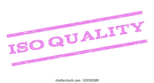 ISO Quality watermark stamp. Text tag between parallel lines with grunge design style. Rubber seal stamp with dirty texture. Vector violet color ink imprint on a white background.