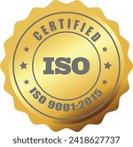 ISO Seal in Golden , ISO Stamp, Certified Company Certificate ISO 9001:2015 Blue vector, Quality Certificate, Golden