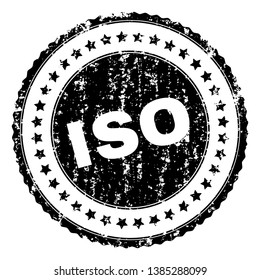 ISO seal imprint with corroded texture. Black vector rubber print of ISO label with corroded texture. Rubber seal imitation has circle shape and contains stars.