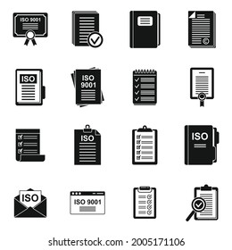 Iso standard icons set simple vector. Certified quality. Certificate document