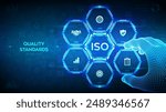 ISO standardization certification. Quality control. Quality standards control assurance warranty. Wireframe hand places an element into a composition visualizing Quality control. Vector illustration.