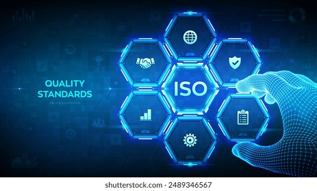 ISO standardization certification. Quality control. Quality standards control assurance warranty. Wireframe hand places an element into a composition visualizing Quality control. Vector illustration.